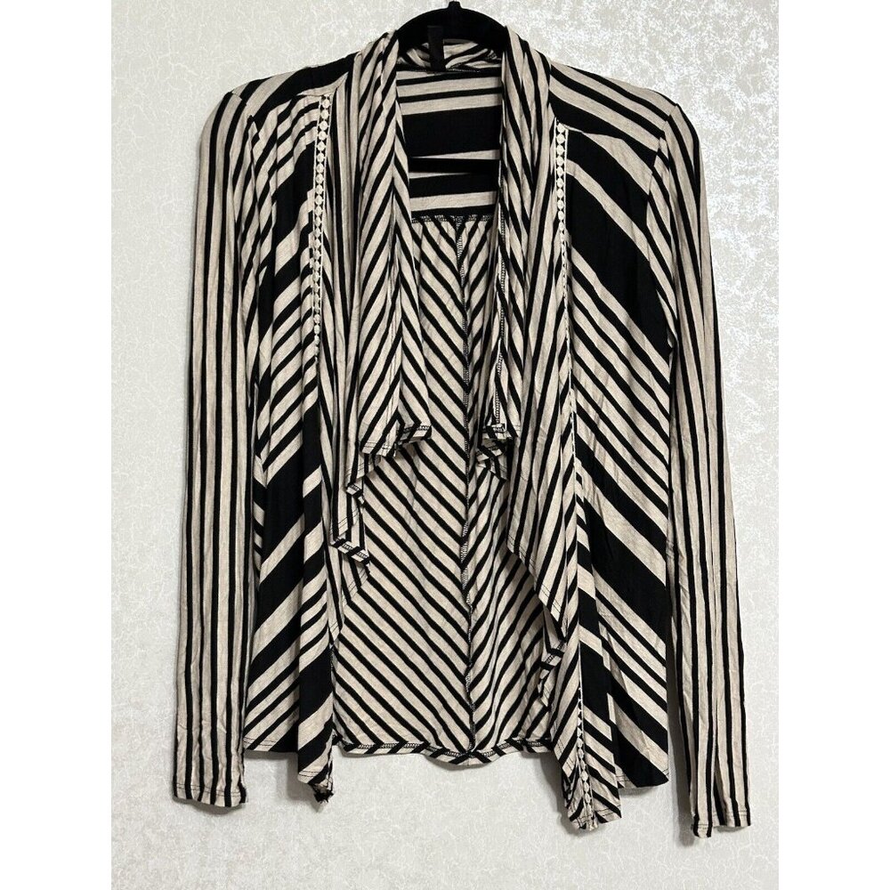 Lapis Cardigan Black Cream Striped Draped Open Front‎ Waterfall Casual Boho S
